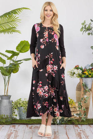 FLORAL CONTRAST MID-DRESS WITH RUFFLE DETAILS -CD43841C