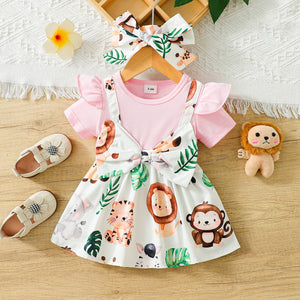 Baby Animal Print Short Sleeves Dress with Headband