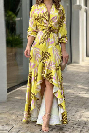 WOMEN LONG SLEEVE PRINTED LACE UP SLIT DRESS_CWDMD0889