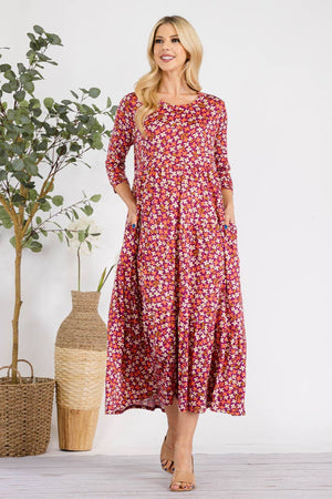 MAGENTA FLORAL TIERED MIDI-DRESS MISSY & PLUS SIZE -CD43848E